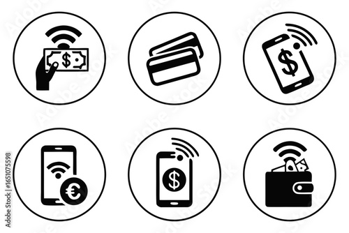 Contactless payment icons with cash, card, and mobile phone isolated on white background