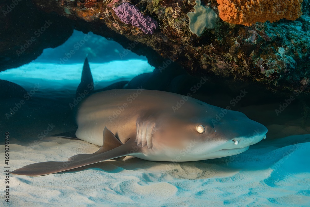Fototapeta premium Nurse shark resting on sandy seabed under coral reef overhang