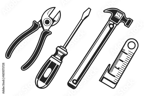 Set of common hand tools including a hammer, screwdriver, pliers, and measuring tape isolated on white background
