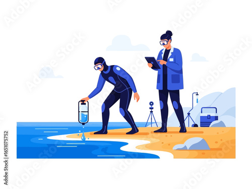 Oceanic Research in Action: A dedicated researcher in diving suit collects samples from the ocean. Another colleague documenting the results.