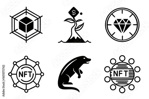 Collection of nft and crypto related icons isolated on white background