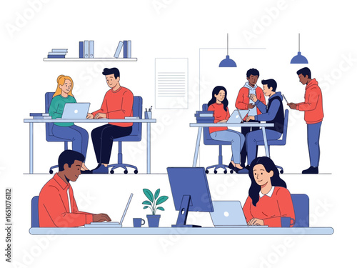 Modern Office Illustration: A vibrant illustration of a modern office setting, depicting colleagues engaged in various tasks, fostering collaboration and productivity.