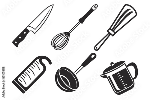 Collection of kitchen utensils and cooking tools isolated on white background