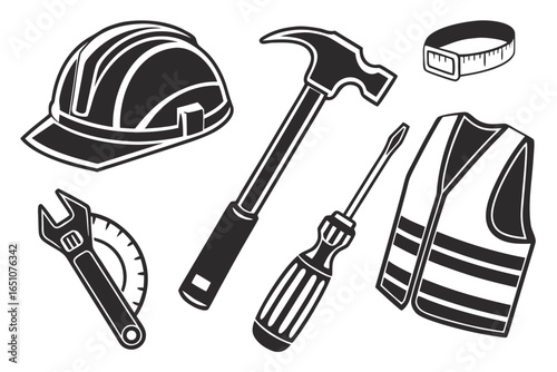 Collection of construction tools and safety equipment isolated on white background