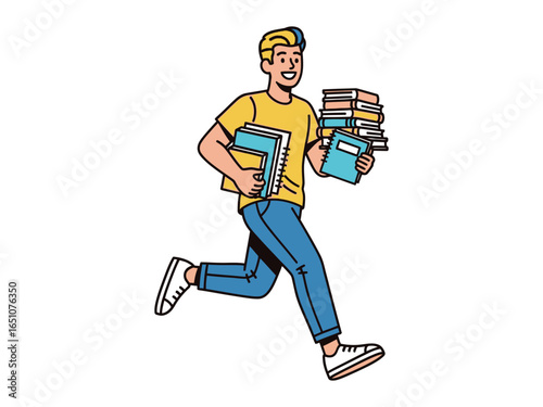 Education and Effort: A Student's Hustle: Energetic student runs swiftly with a collection of textbooks, capturing the essence of academic dedication and the pursuit of knowledge. 
