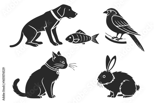 Collection of domestic animals and fish isolated on white background