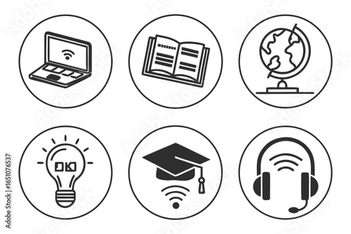 Collection of online education and learning icons isolated on white background