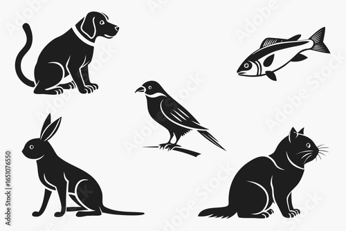 Collection of animal silhouettes isolated on white background