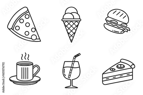 Set of six simple line art icons of popular fast food and dessert items isolated on white background