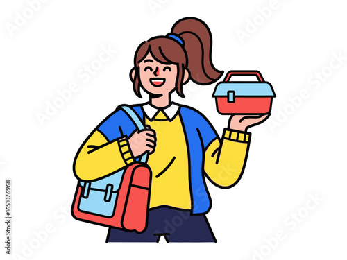 Daily Essentials: A cheerful individual with a lunch box in hand, preparing to embark on daily life.