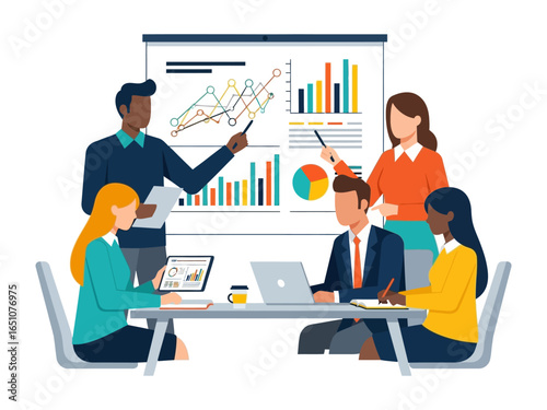 Business presentation and meeting: A diverse group of professionals engages in a dynamic presentation, discussing charts and graphs, symbolizing collaboration and strategic planning