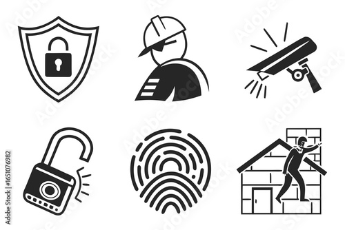Set of security and protection icons including shield, lock, fingerprint, camera, burglar