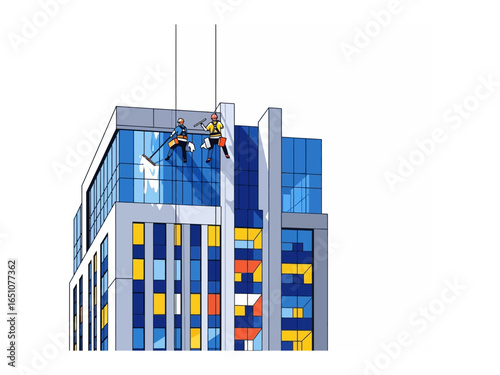 Elevated Cleaning Crew: Two dedicated window cleaners meticulously navigate the face of a towering skyscraper.  Against a backdrop of urban artistry and design.