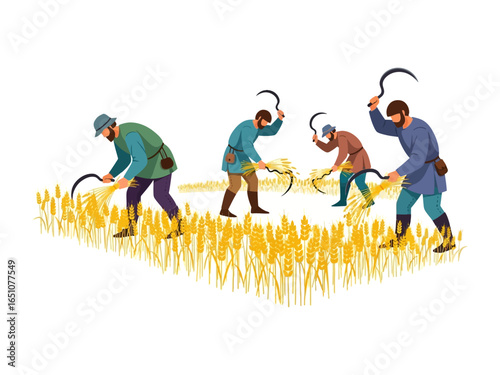 Harvesting Wheat: A depiction of laborers in old times, working together to reap a field of golden wheat with sickles.