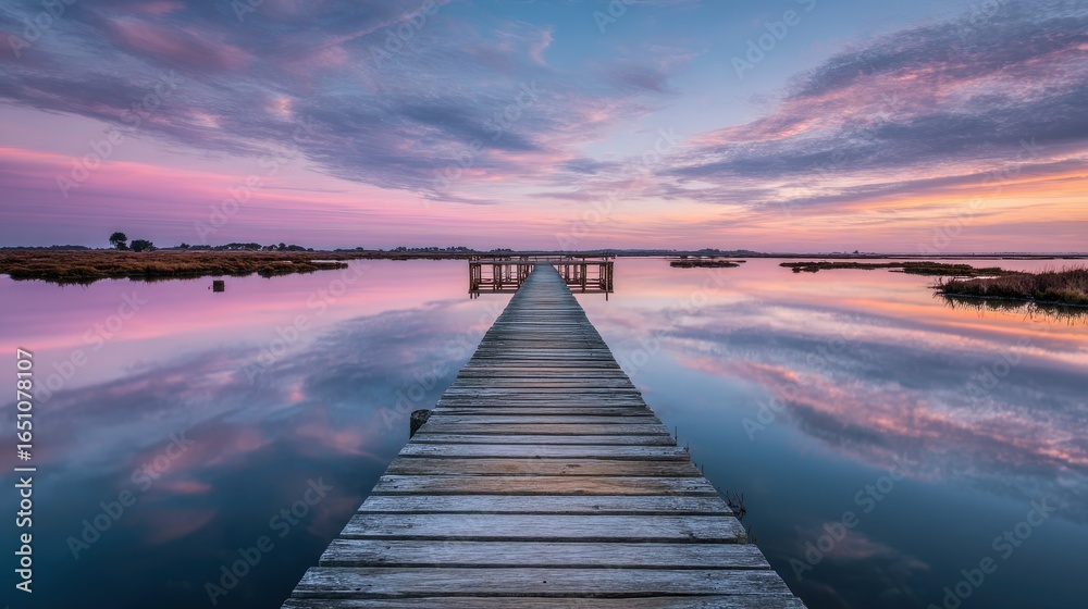Obraz premium Peaceful wooden boardwalk sunset reflection lagoon. Possible use Desktop wallpaper