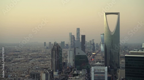 Spectacular view of skyscrapers of Riyadh at sunset, in Saudi Arabia