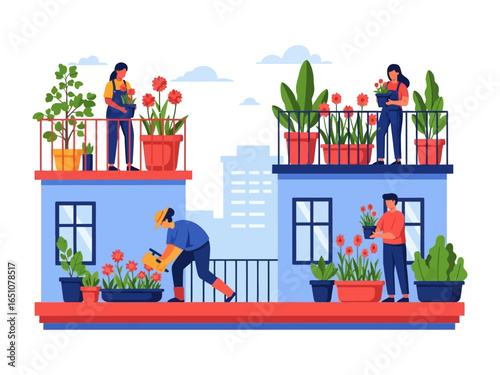 Balcony Gardeners at work: Vibrant illustration portrays urban residents cultivating thriving plants and flowers on balconies.