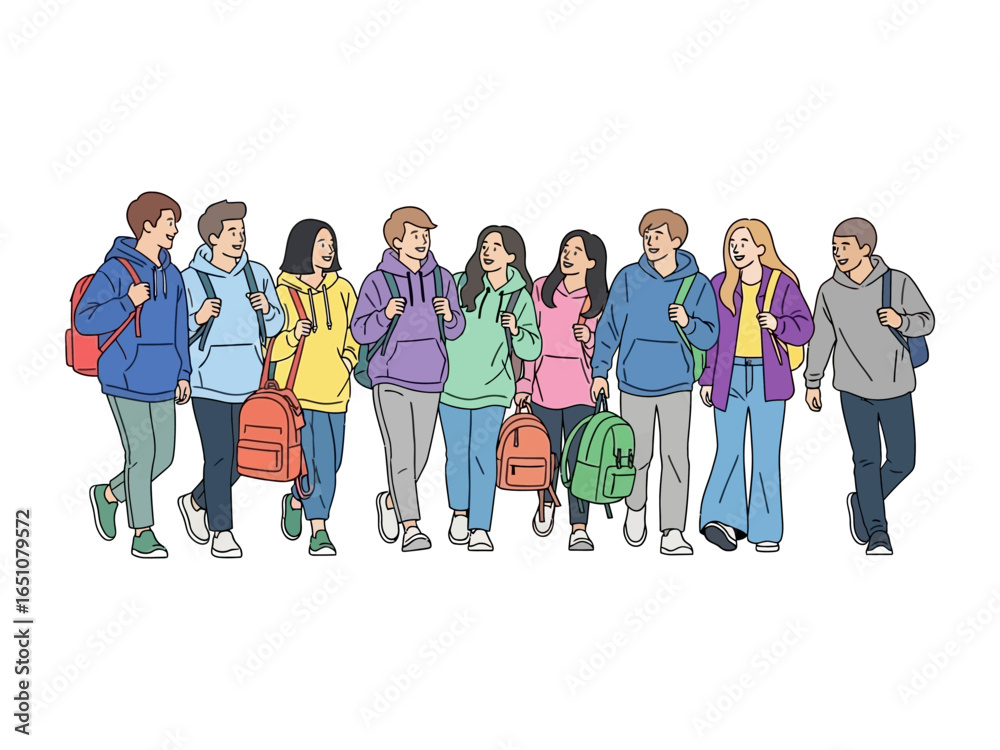 Fototapeta premium College Life: A vibrant illustration showcases a group of students, strolling together and carrying backpacks. It captures the essence of youthful camaraderie, with a bright atmosphere.