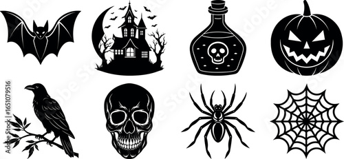 Halloween Silhouette Vector Set with Bat Castle Potion Pumpkin and More