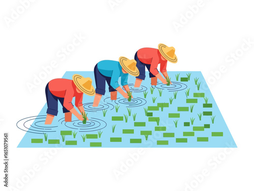 Farmworkers in the Paddy Fields: Illustrative depiction of farmworkers diligently planting rice seedlings in flooded paddy fields, embodying the heart of agrarian life.