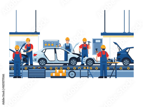 Automobile Assembly Line: Illustrative representation of an automobile assembly line, with workers diligently constructing a car.