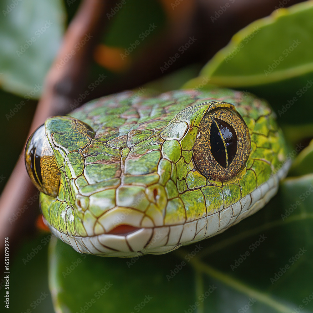Fototapeta premium Vibrant green snake with intricate scale patterns and large eyes is camouflaged among lush green leaves, creating striking and captivating image