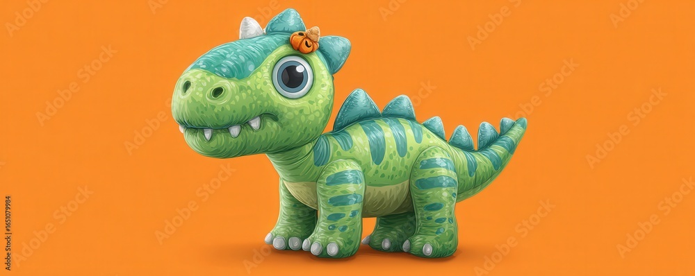 Fototapeta premium Cute Green Dinosaur Toy with Pumpkin