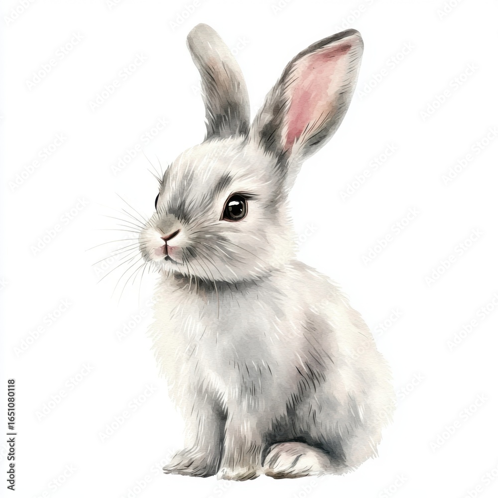 Obraz premium White Rabbit Sitting Upright on a White Background