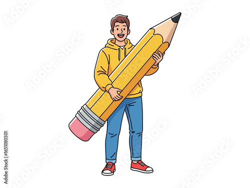 Creative Inspiration: A young individual confidently holds a massive pencil, embodying the essence of artistry and the creative process, as they stand ready to bring their imaginative vision to life.