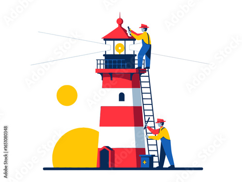 Lighthouse Maintenance: Skilled workers meticulously maintain the lighthouse, symbolizing guidance and safety, rendered in a modern, artistic style.