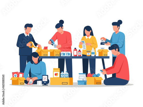 Volunteers Packing Aid: A dedicated group of volunteers meticulously sorts and packs essential supplies. They are focused on aiding others. This image evokes warmth and collaboration.