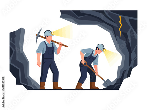 Mine Work: Two industrious miners, illuminated by headlamps, diligently excavate a tunnel, symbolizing hard work and extraction.