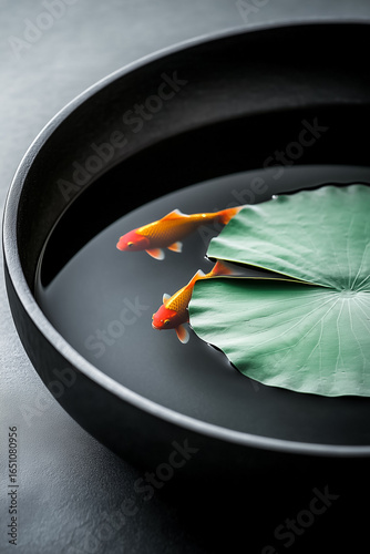 A serene bowl of water with a vibrant lotus leaf and colorful fish swimming gracefully beneath the surface.