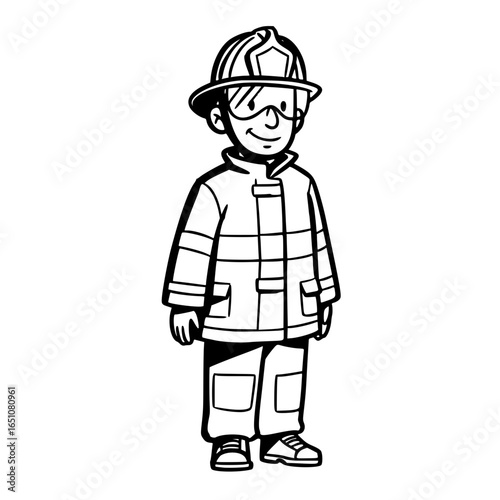 Young boy wearing firefighter uniform and smiling in cartoon style, Simple line sketch  