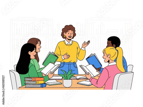 Knowledge Exchange: A group of diverse individuals engaged in vibrant conversation, sharing insights and ideas around a table in an engaging session.