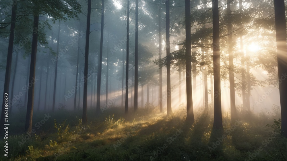 Fototapeta premium Misty forest sunrise with sun rays