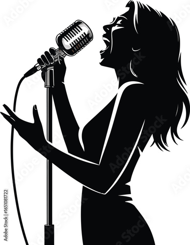 Singer Silhouette with Microphone on Transparent Background Vector Illustration