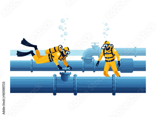 Underwater Engineers: Two aquatically attired engineers diligently inspect and manage a network of submerged pipes, ensuring smooth operations beneath the water's surface.