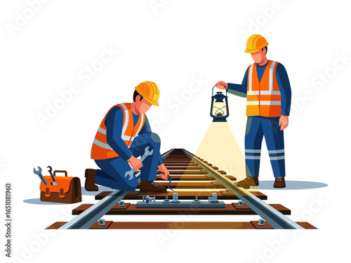 Railway Track Maintenance: Two railway workers diligently inspect and repair the railway tracks, one holding a lamp, and the other working with a wrench and toolbox.