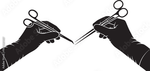 Surgical Gloves Holding Medical Scissors Silhouette on Transparent Background Vector