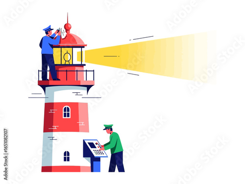 Lighthouse Beacons and Guardians: Illustrative rendering showcasing a lighthouse in operation, with uniformed personnel attending to its functionality. Evoking themes of guidance, navigation.