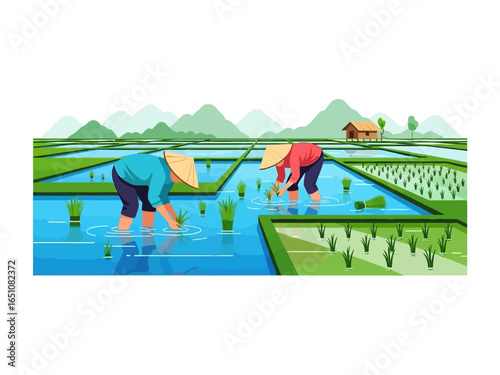 Rice Paddy Farmers: A vivid illustration of two farmers diligently tending to their flooded rice paddy field, symbolizing rural life, agriculture, and traditional farming practices.