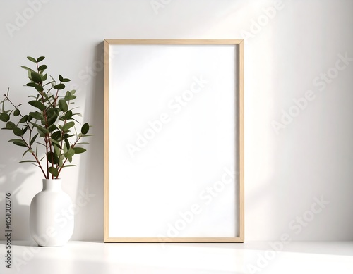 Empty Light Wood Frame, Minimalist Decor, White Vase, Greenery.
