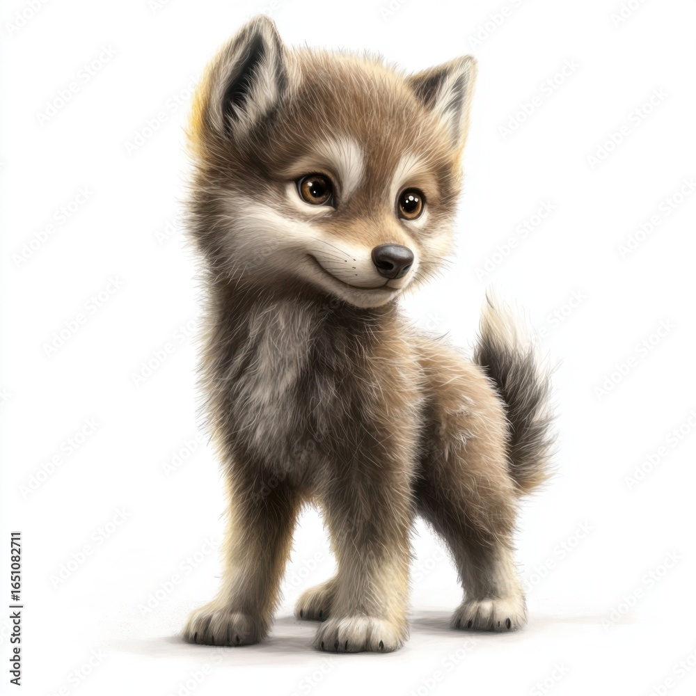 Fototapeta premium Adorable Fluffy Brown Wolf Pup Standing in a White Studio