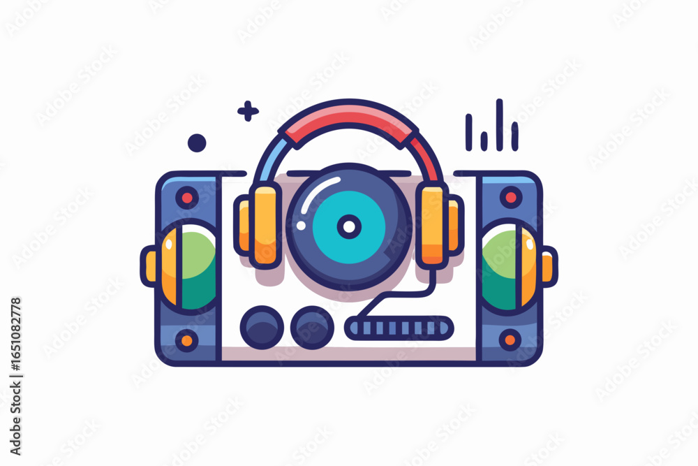 Obraz premium DJ turntable icon with headphones and audio sound wave details