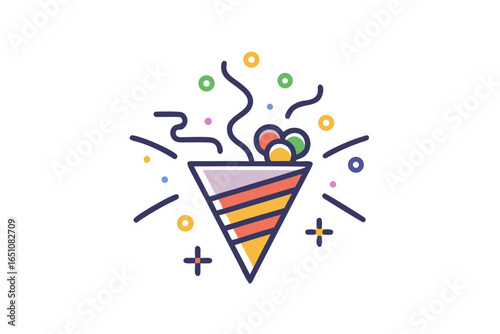 Crisp party popper line art with modern stylized triangle decorations