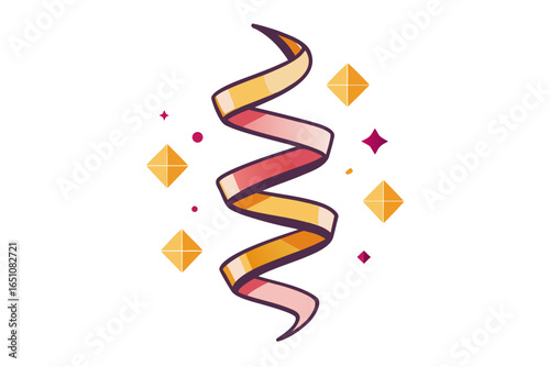 Foil streamer ribbon curled and spiraling upward with celebration details