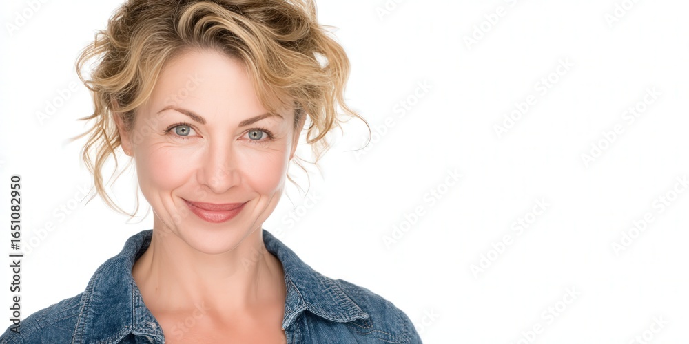 Naklejka premium Cheerful Woman with Curly Hair in Denim Jacket Against a White Background