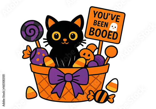 Cute black cat with large yellow eyes sitting Halloween themed basket filled with candies, pumpkin, and lollipop, holding sign that says YOUVE BEEN BOOED with small ghost illustration