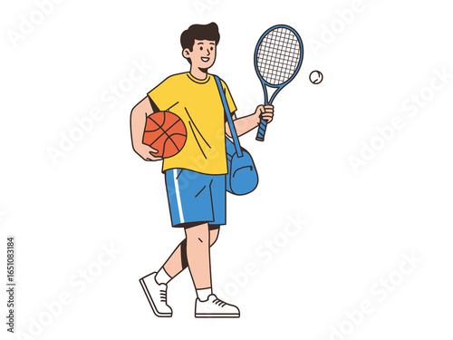 Multi-Sport Enthusiast: A young person, embodying enthusiasm, carries both a tennis racquet and a basketball, a testament to an active lifestyle.